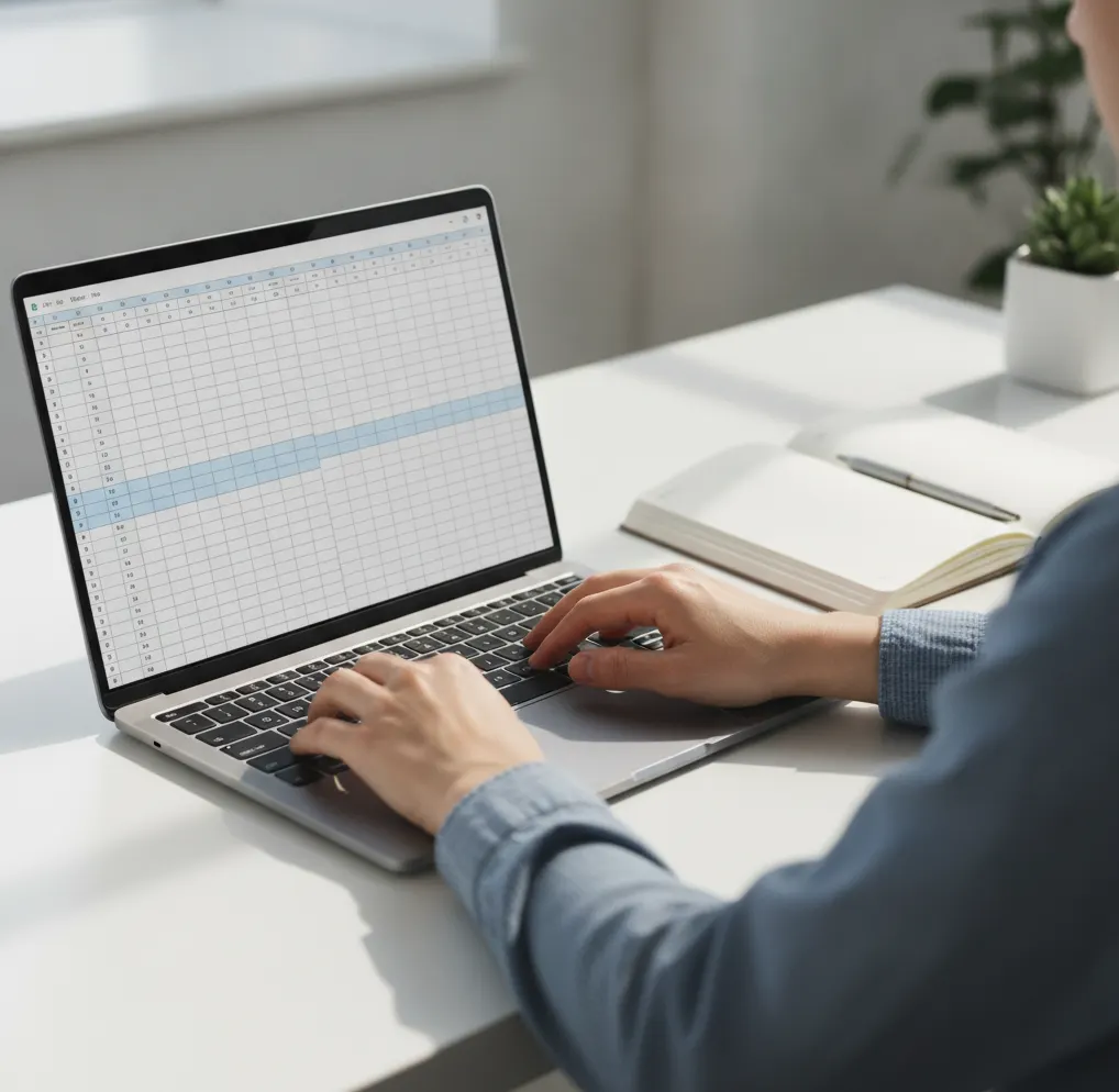 Laptop z otwartą tabelą porównawczą i notatnik obok.